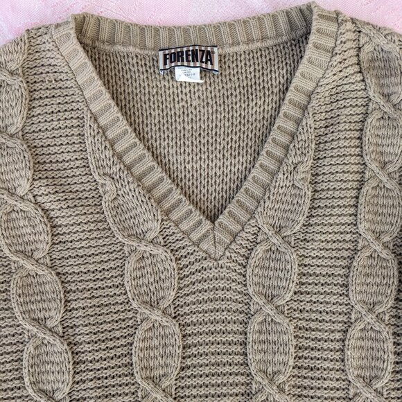 Vintage V-Neck Cable Knit Pullover Sweater Women's Medium British Tan 80s 90s - Picture 2 of 11